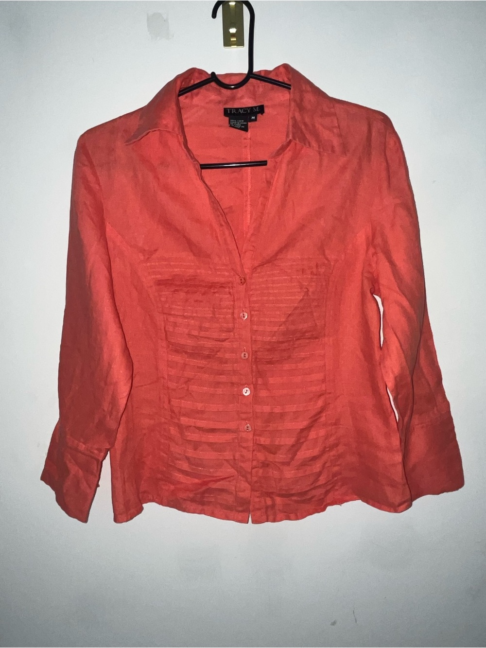 100% Linen Women’s Button Down Blouse In Dark Orange Sz M Tracey M